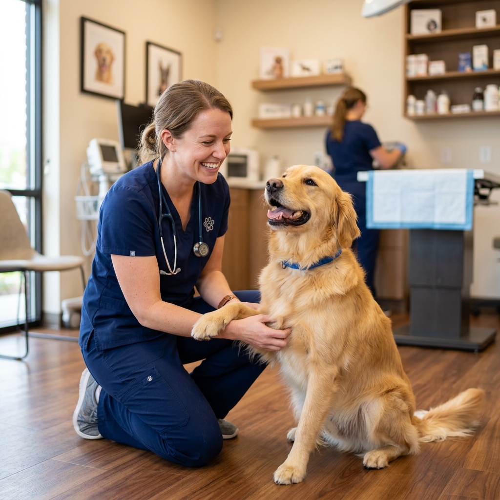 Professional veterinarian smiling while checking a healthy golden retriever dog in a modern veterinary clinic